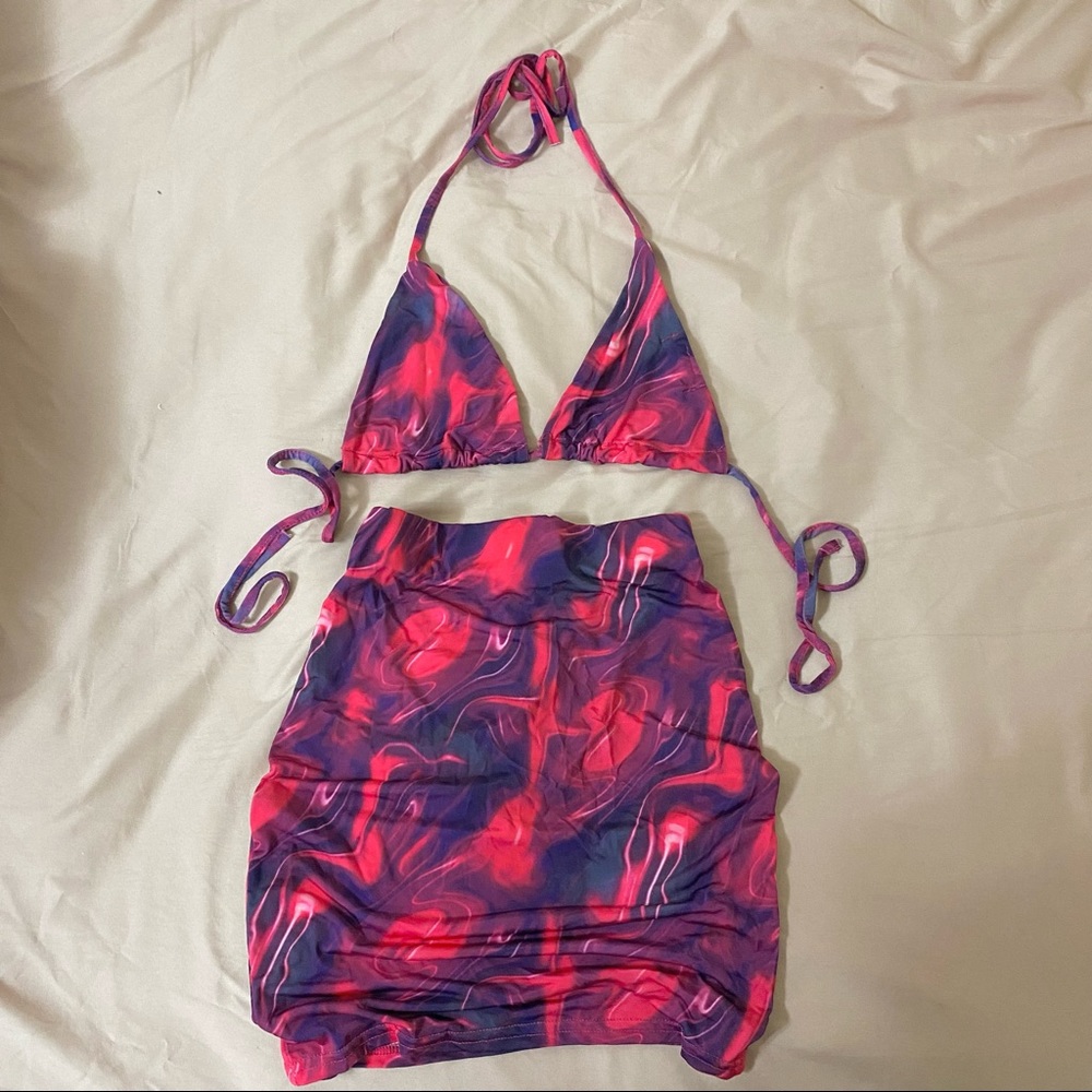 Abstract print top and skirt set